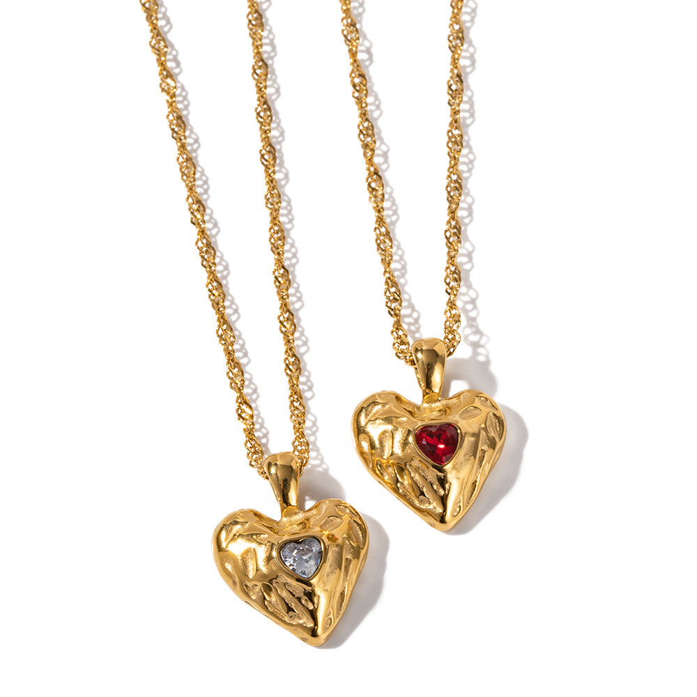 New Necklace18k Gold Stainless Steel Heart Hammered Zirconia Pendant Necklace Women's Jewelry