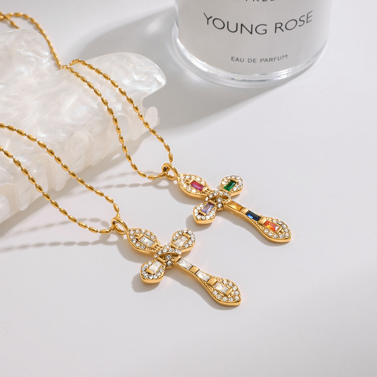 2H Zircon Cross Necklace Non-Fading Stainless Steel Necklace Women's Jewelry