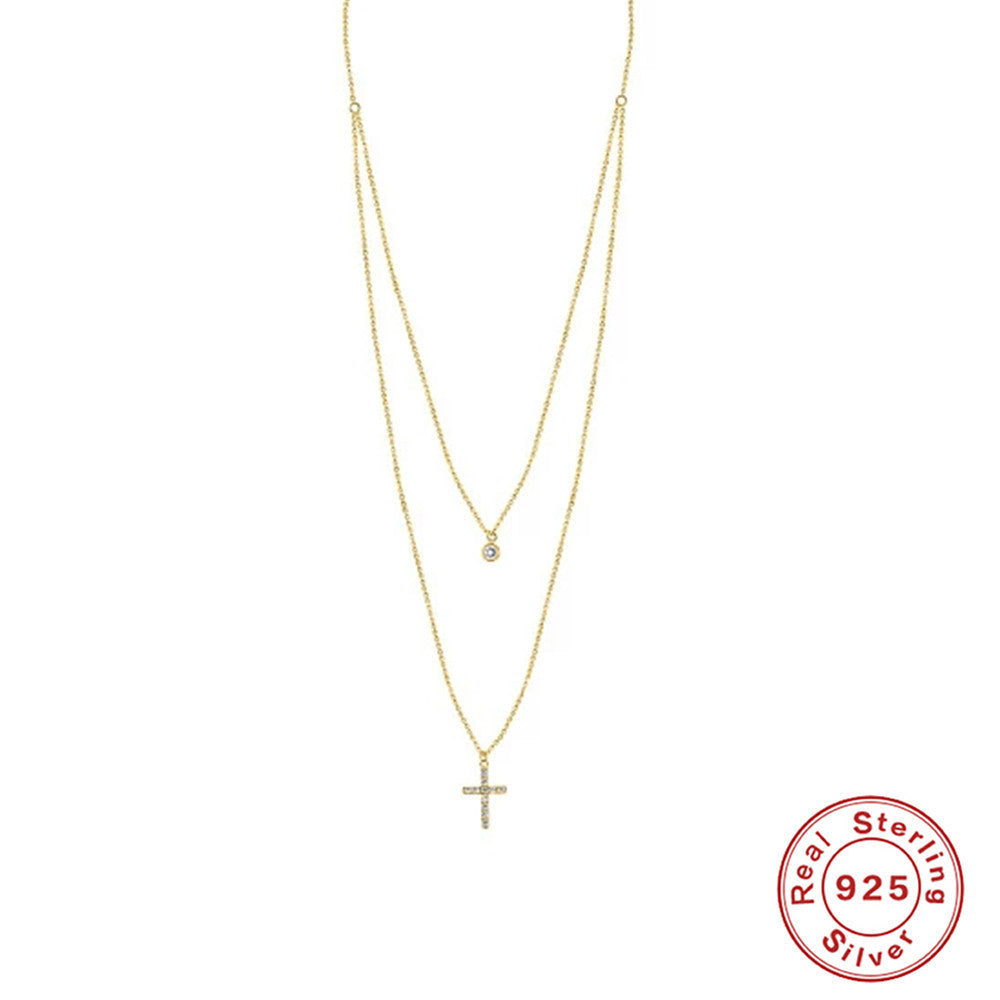 S925 Sterling Silver Dual Layer Cross Moon Necklace With Diamonds