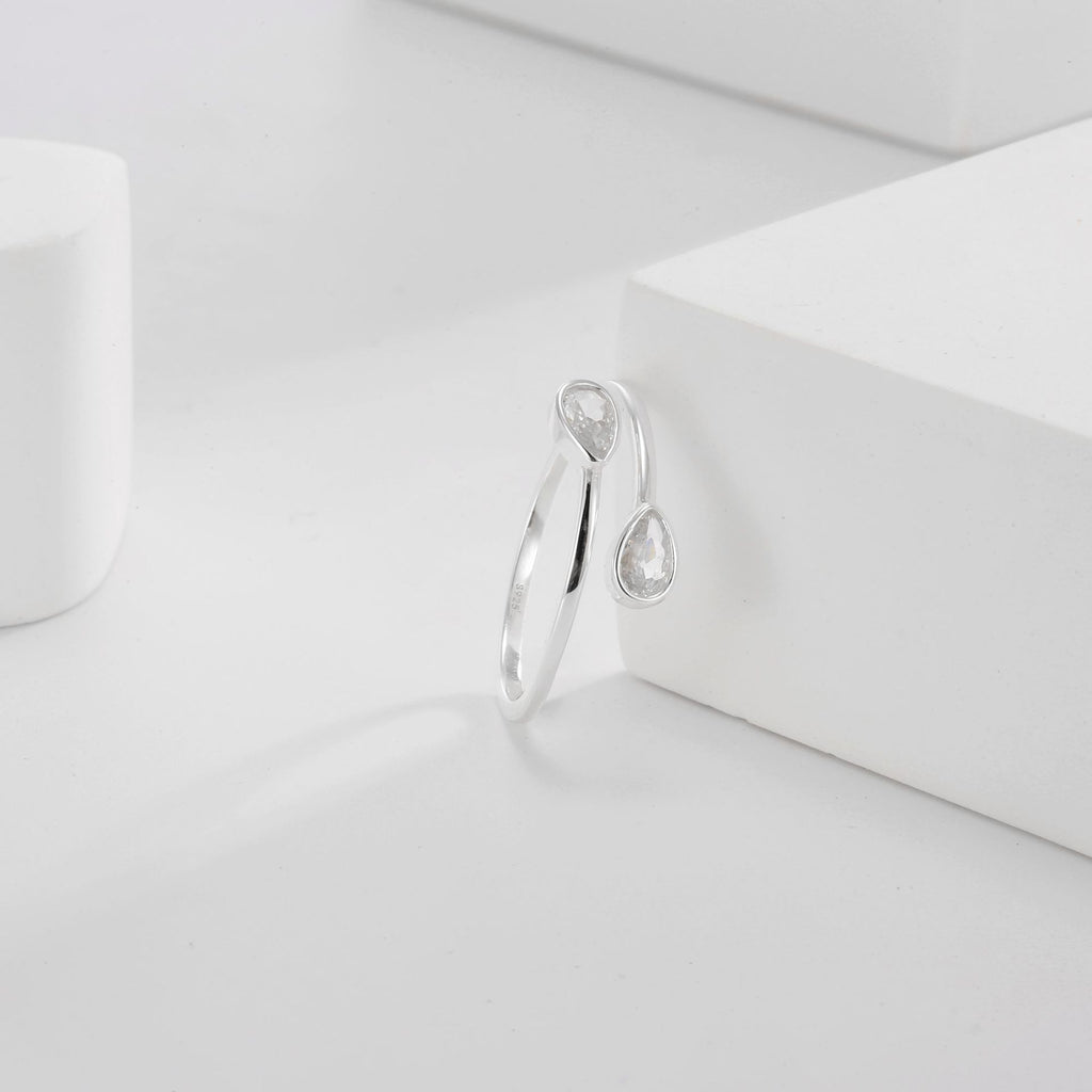 SR0043 S925Silver Water Drop Open Ring Design Minimalist Trendy Fashion