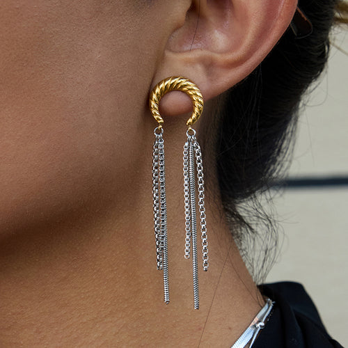 Crescent Moon Tassel Gold-Plated Stainless Steel Hoop Earrings — front view