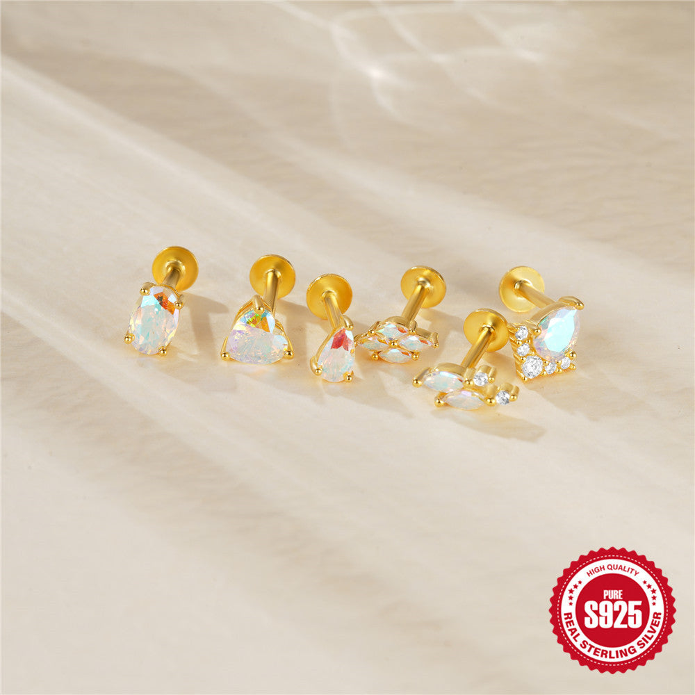 New925Sterling Silver Moonstone Inlaid Diamond Flat Head Threaded Piercing Ear Bone Stud Hot-Selling Earrings