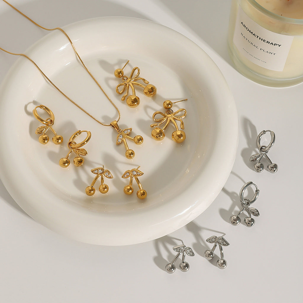 2H Stainless Steel Cherry Necklace Cute Earrings Valentine's Day Jewelry Earrings for Women