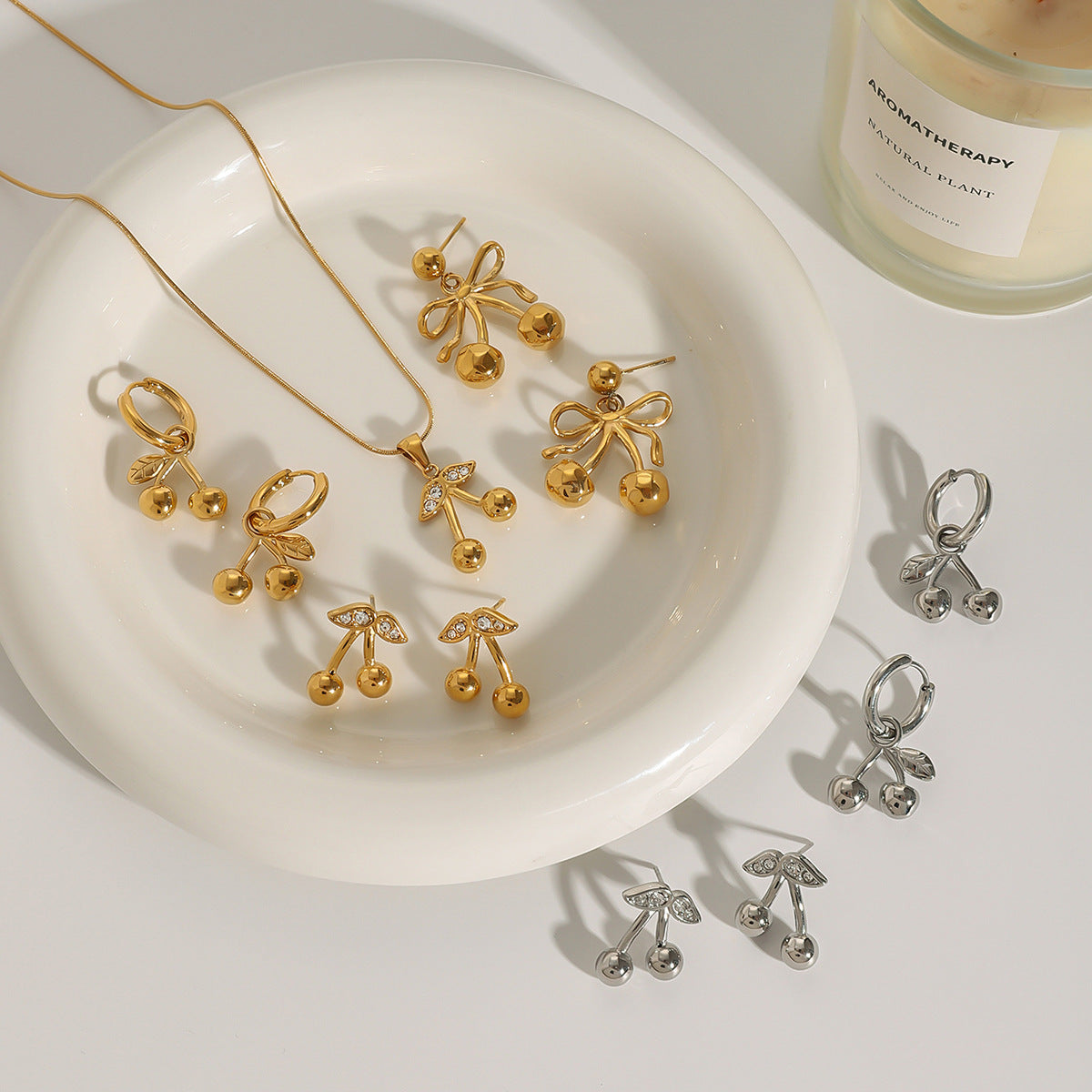 2H Stainless Steel Cherry Necklace Cute Earrings Valentine's Day Jewelry Earrings for Women