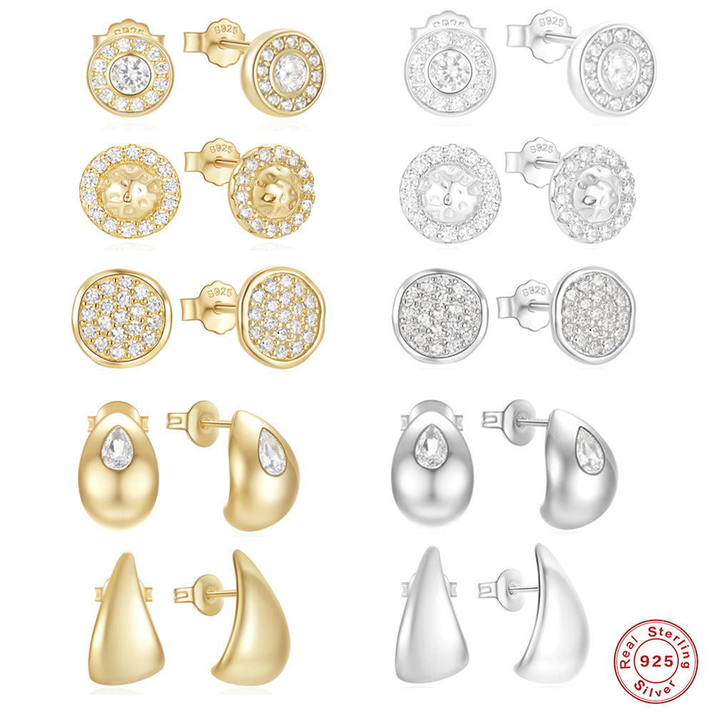 New925Pure Silver Classic Simple Round Shape C Stud Earrings with Inlaid Diamonds, Minimalist Design Sense, Korean and Japanese Style