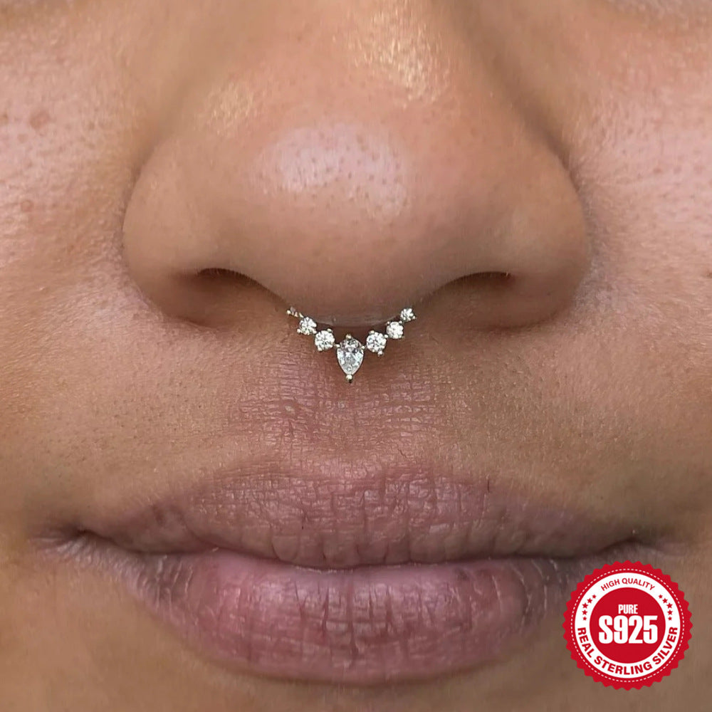 S925Sterling Silver Style Inlaid Diamond Round Soft Bone Earrings Stud Fashion Body Piercing Nose Ring Ear Bone Stud