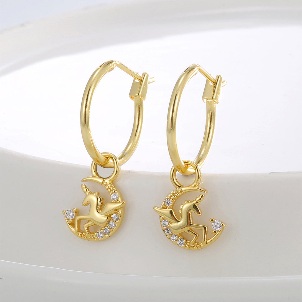 E0808 Korean Style Fashion Creative Design Earrings for Women with Pegasus, Unicorn, and Moon Inlaid Zirconia