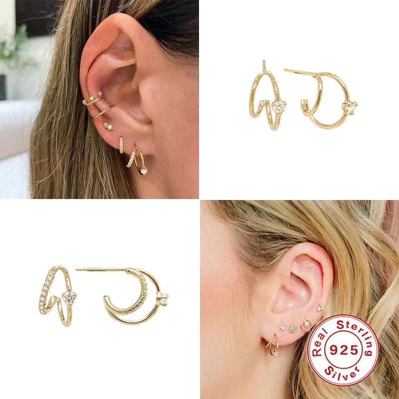 S925Sterling Silver Layered C Exaggerated Creative Style Earrings with Dense Studs and Claw Setting Double Steel Wire Hoop Earrings