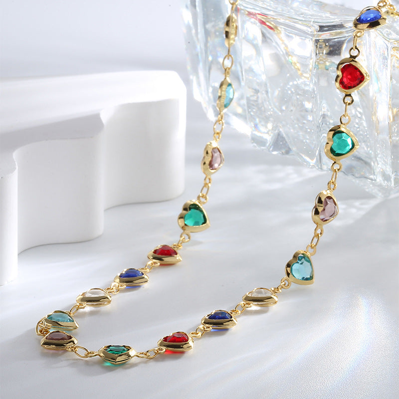 N0255 Design Colorful Heart-Shaped Zircon Necklace for Women Summer Collarbone Chain