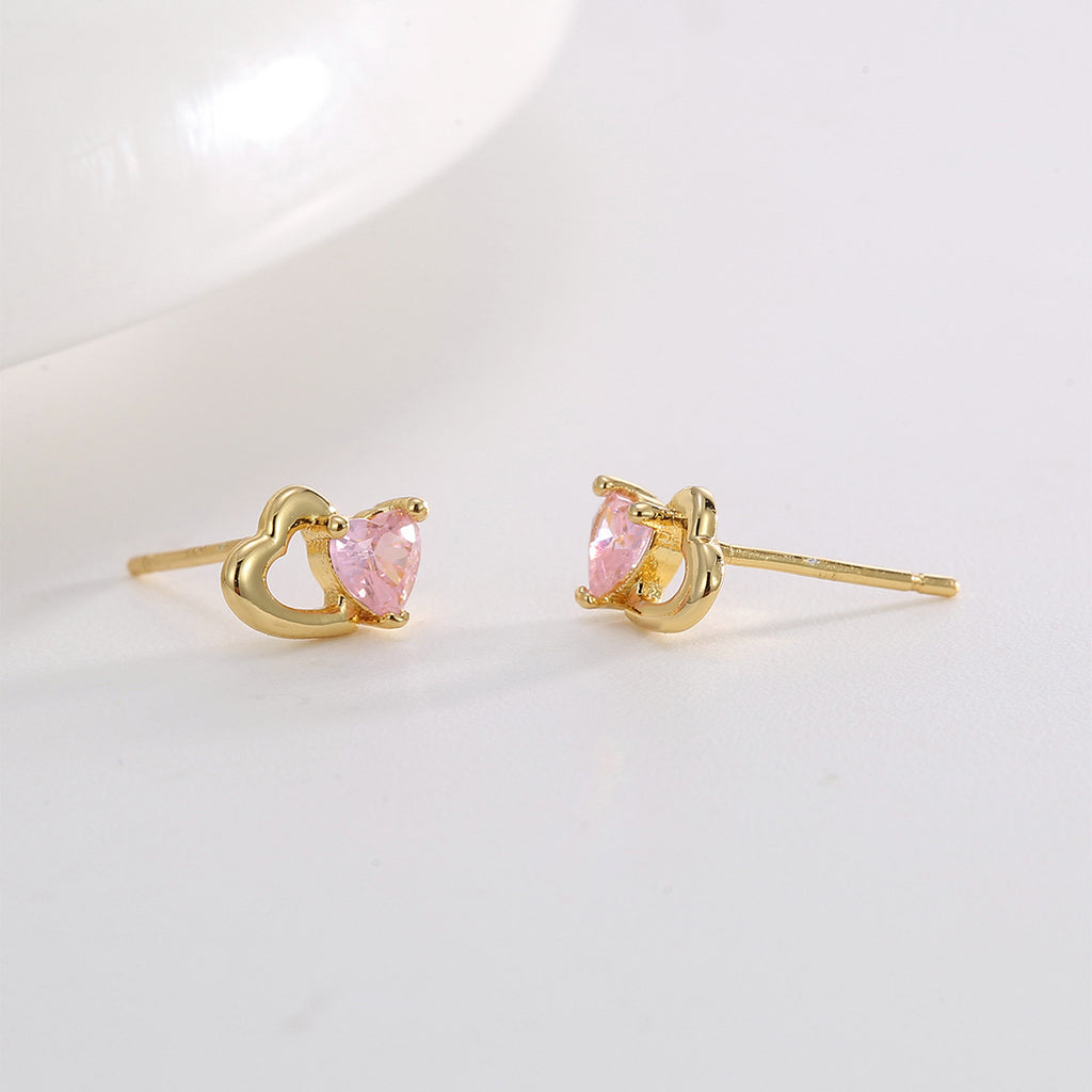 E0771 Korean Style Cute Fashionable Earrings for Women Hollow Heart-Shaped Inlaid with Pink Zircon Heart Earrings