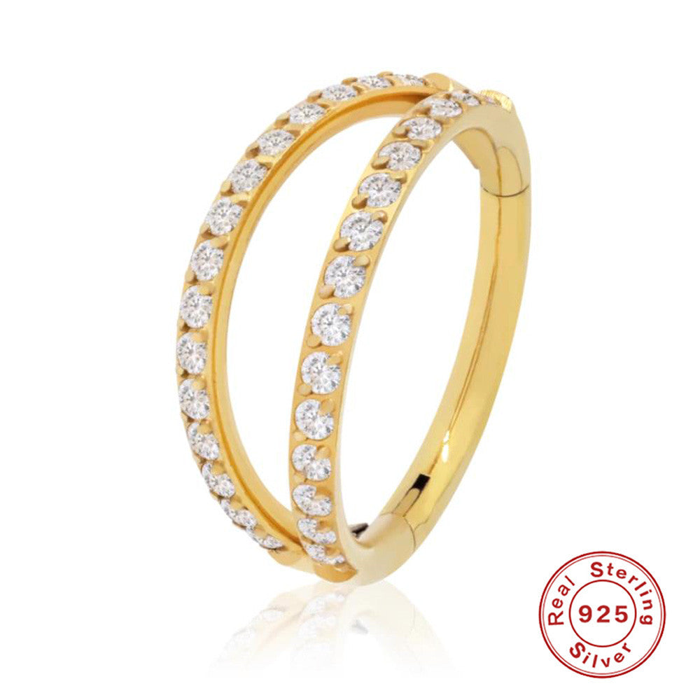 S925Sterling Silver Double Layer Diamond-Studded Cartilage Piercing Ear Bone Stud Nose Stud Minimalist Smooth Nose Ring Trendy Ear Cartilage