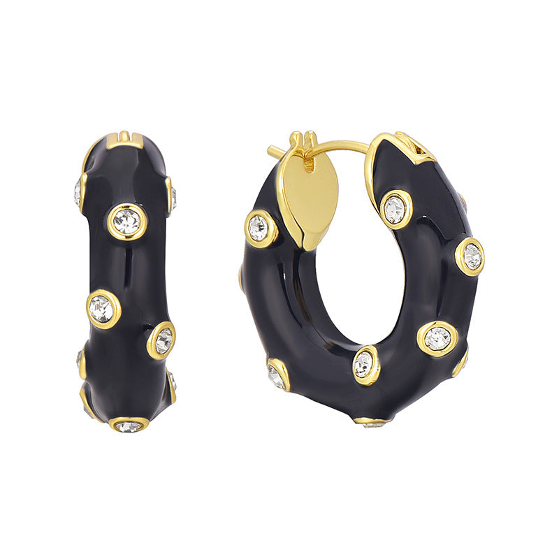 E0626 Fashionable Simple Personality Design Earrings for Women Black Resin Inlaid with Zircon Versatile Hoop Earrings