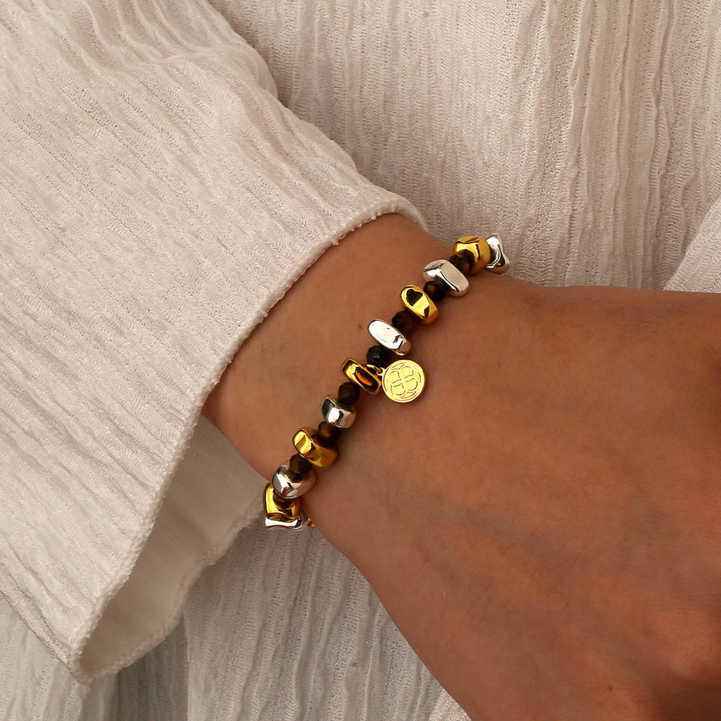 Two Tone Gold And Silver Bead Tiger Eye Stone Bracelet