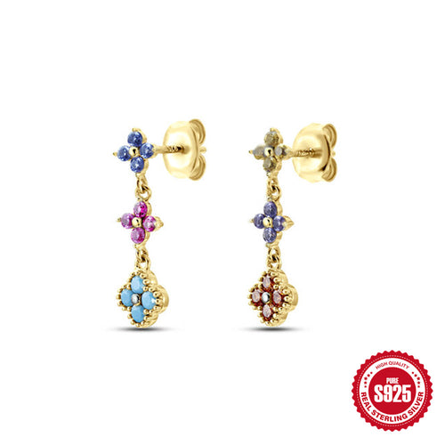 Colorful Floral Zircon 925 Sterling Silver Stud Earrings — front view