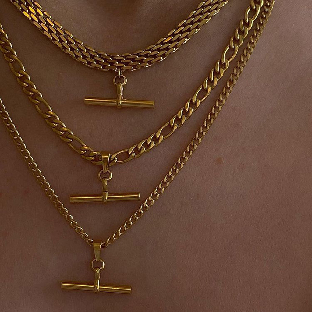 朋克嘻哈18K Gold Stainless Steel T Rod Pendant Rope Chain/Figaro Chain/Cuban Chain Choker Necklace