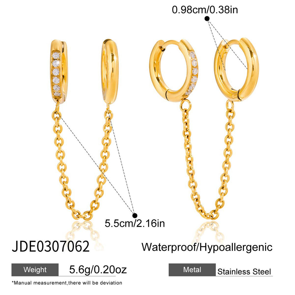 2H Zircon Double Ring Chain Tassel Earrings Ear Accessories Ear Clips Stainless Steel Jewelry