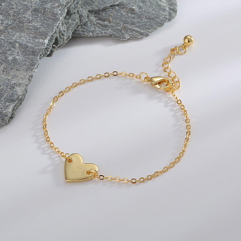 B0182  Korean Version Fashion Simple Heart-shaped Bracelet for Women gold Love Heart26Minimalist Letter Style