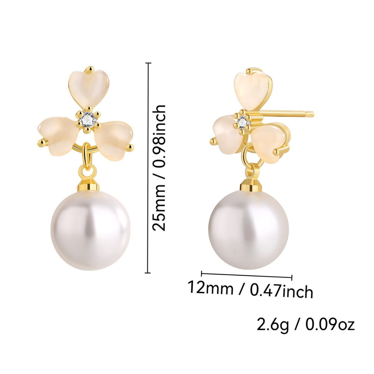 E0710 Elegant Fashion Heart-Shaped Cat's Eye Stone Clover Earrings for Women Cute Vintage Shell Pearl Earrings