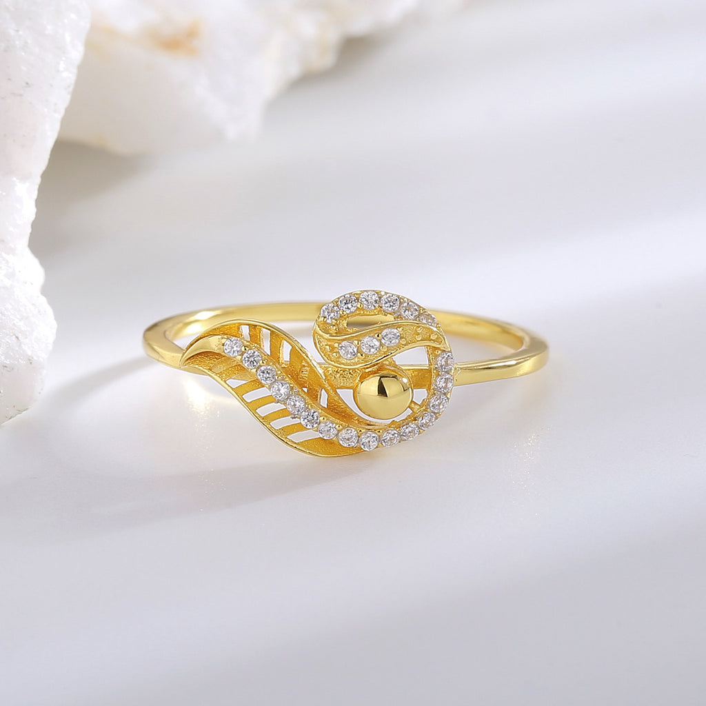 SR0007 S925Silver plating14K Gold Feather Inlaid Zircon Hollow Ring for Women Elegant Simple Design