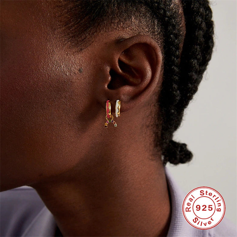 S925Sterling Silver Wave Oil Drop Imitation Enamel Hoop Earrings Hot-Selling Creative Ear Jewelry