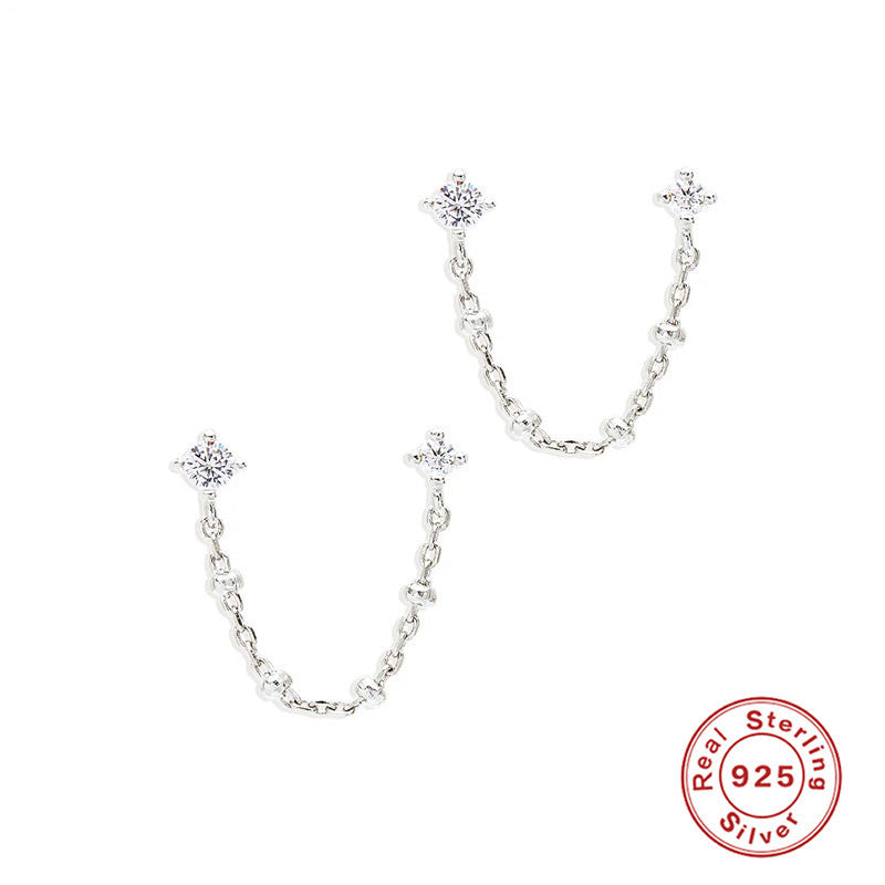 S925Pure Silver Wind Tassel Ear Thread Chain Style Single Diamond Pearl Earrings Stud Hot Selling Wind Ear Jewelry