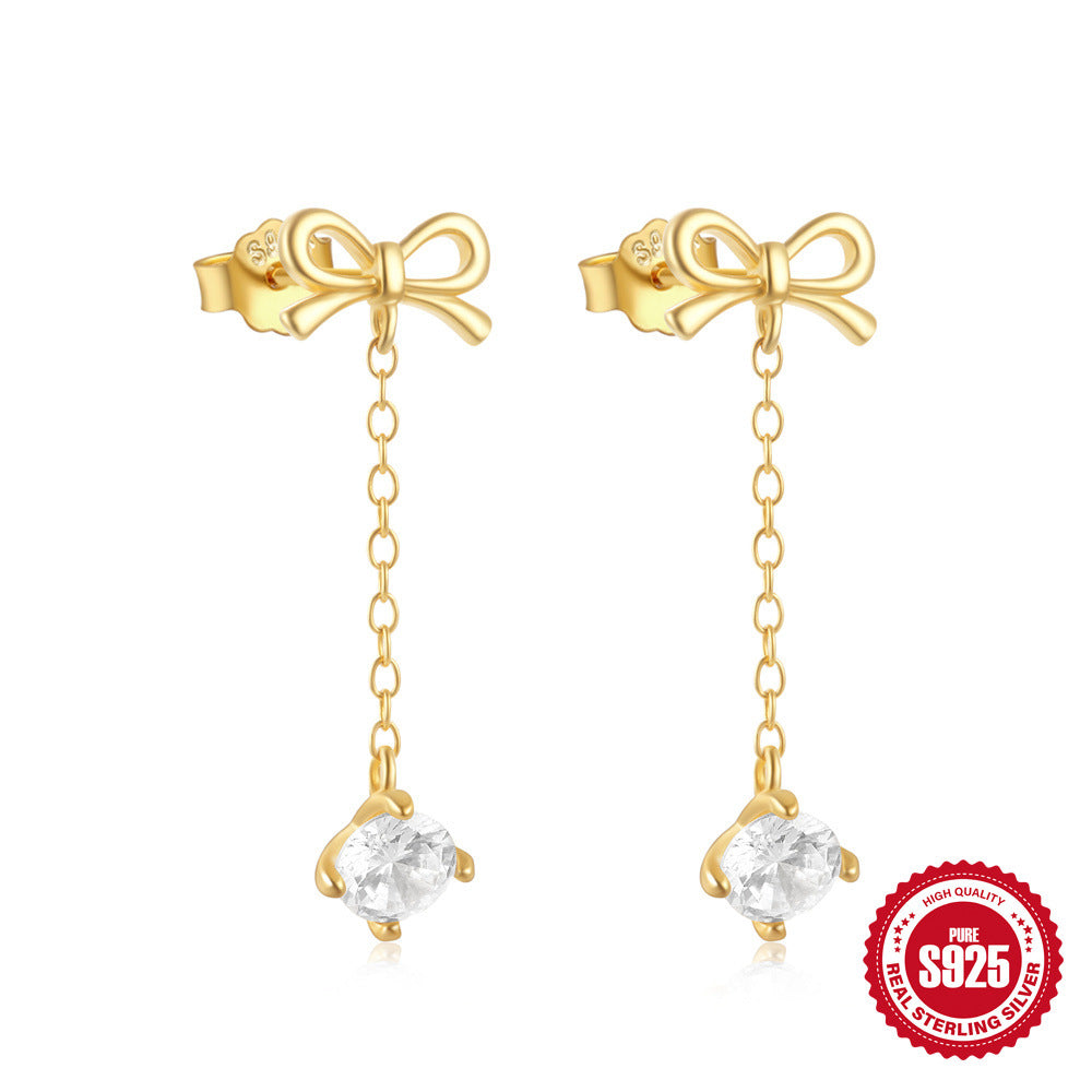 S925Sterling Silver Tassel Long Bowknot Inlaid Diamond Ear Thread Earrings Star Moon Stud Earrings for Women