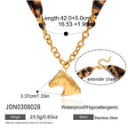 2H Leopard Print Silk Scarf Horse Necklace Pendant Accessories Female Clavicle Chain Stainless Steel Jewelry