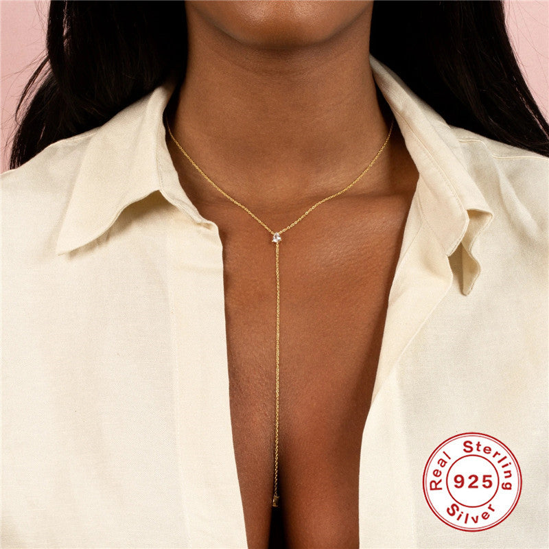 S925 Sterling Silver Y Collarbone Necklace With Diamond Inlays