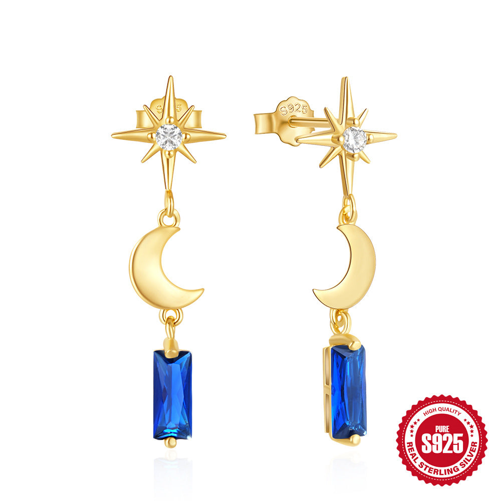 New925Sterling Silver Heart Eight-Pointed Star Inlaid Diamond Crescent Earrings Jewelry Colorful Diamond Stud Earrings