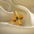 2H French Court Style Matte Four-Petal Flower Exaggerated Inlaid African Turquoise Open Ring High-End Design Combination