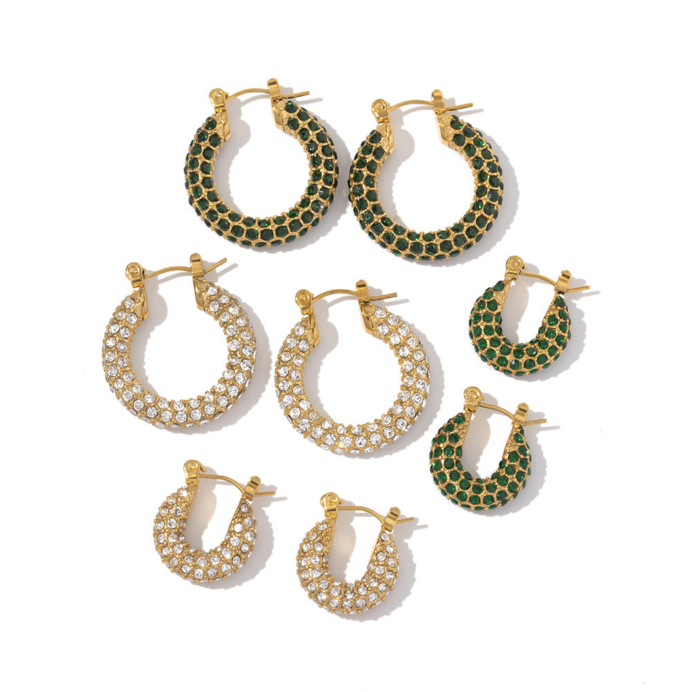 2H French Style New Fashion Versatile18k Gold Plated Stainless Steel Earrings Inlaid with White Cubic Zirconia Hoop Earrings