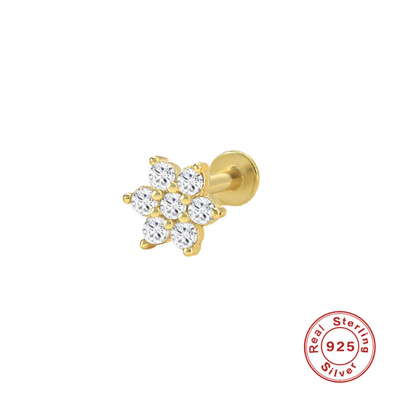 S925Sterling Silver Creative Geometric Flower Flat Head Threaded Piercing Earrings Hot Selling Ear Bone Studs