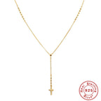 S925 Sterling Silver Y Cross Pendant Necklace With Beaded Chain