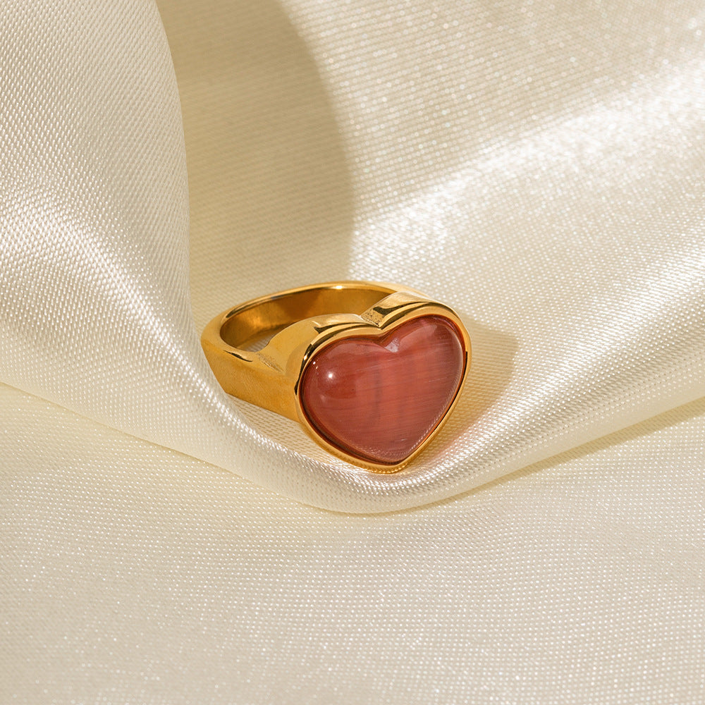 2H Trendy Influencer Fashion18K Gold Heart-Shaped Pink Cat's Eye Stone Stainless Steel Ring Fashion