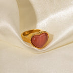 2H Trendy Influencer Fashion18K Gold Heart-Shaped Pink Cat's Eye Stone Stainless Steel Ring Fashion