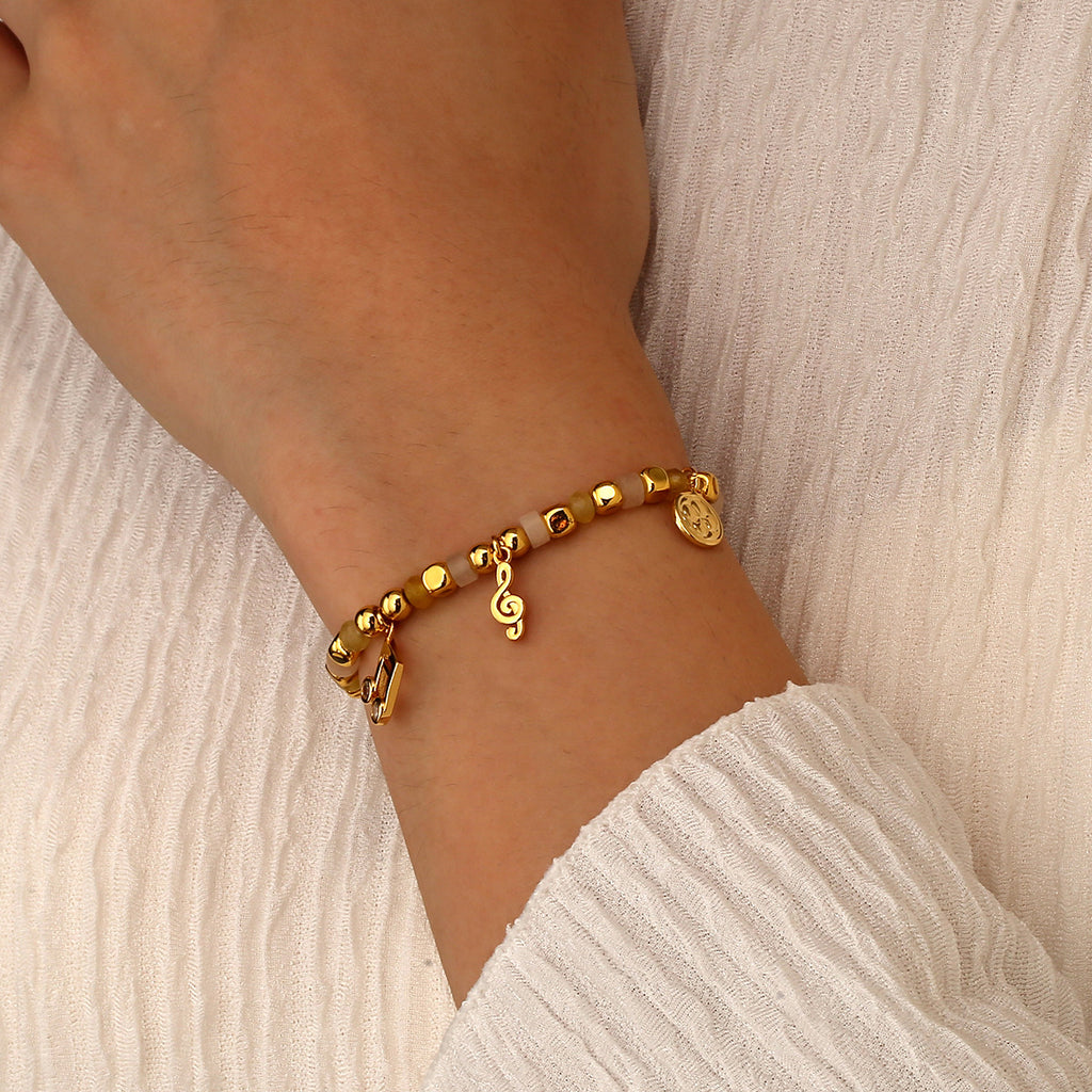 B0282 Musical Note Inlaid Zircon Fashion Beaded Bohemian Chalcedony Bracelet