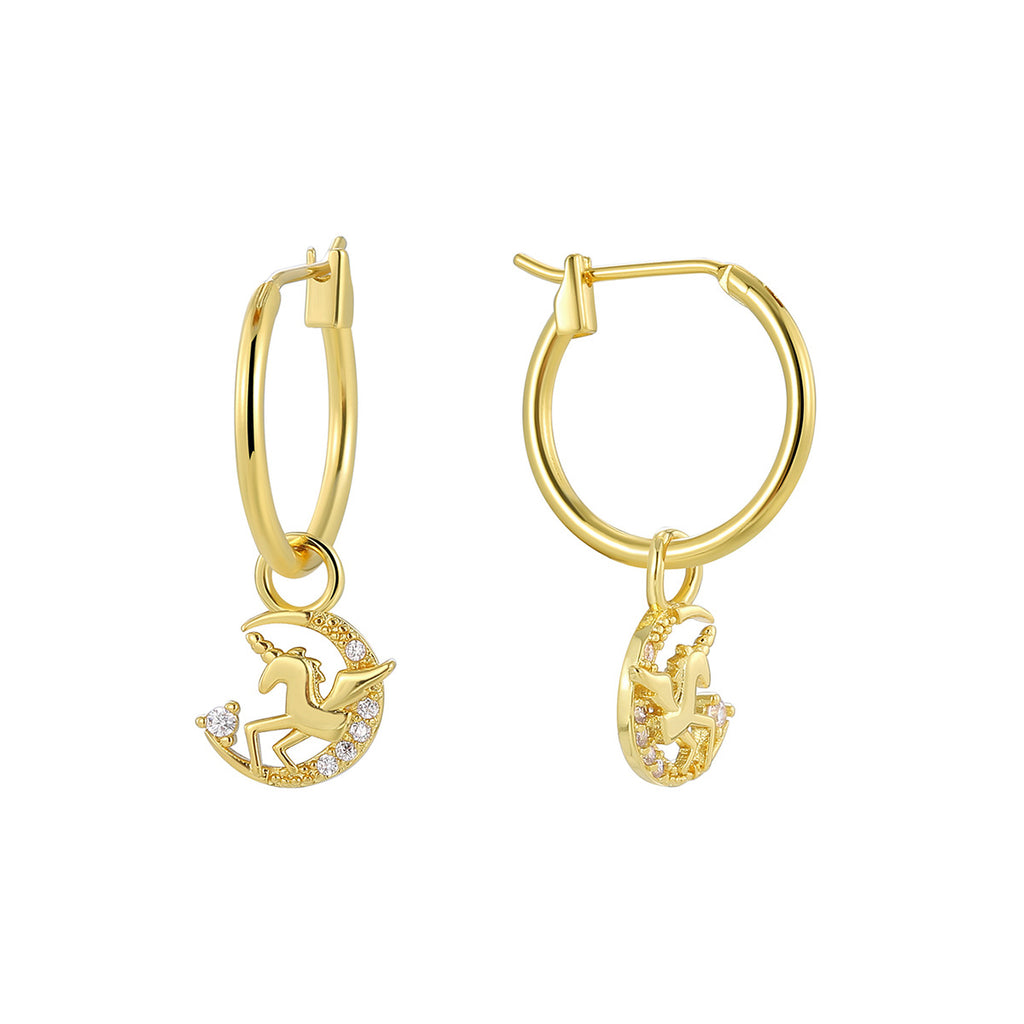 E0808 Korean Style Fashion Creative Design Earrings for Women with Pegasus, Unicorn, and Moon Inlaid Zirconia