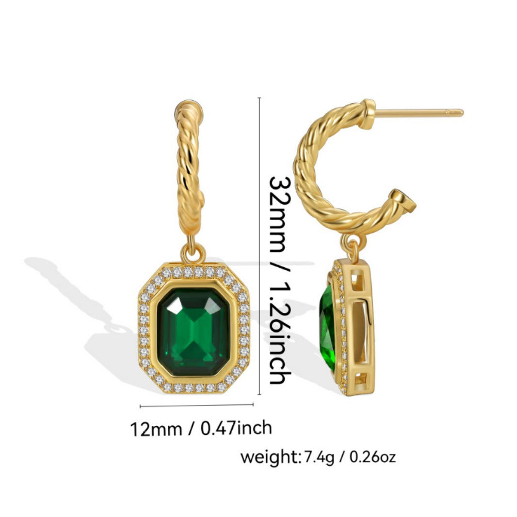 E0566 Vintage Emerald Zircon Earrings for Women with Micro-inlaid White Zircon Design