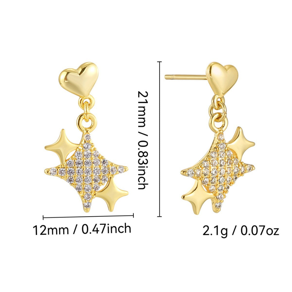E0746 Korean Style Fashion Heart Earrings for Women Shiny Star Zirconia Earrings