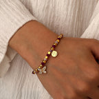 B0277 Bohemian Butterfly Inlaid Zircon Beaded Design Pink Quartz Chalcedony Bracelet