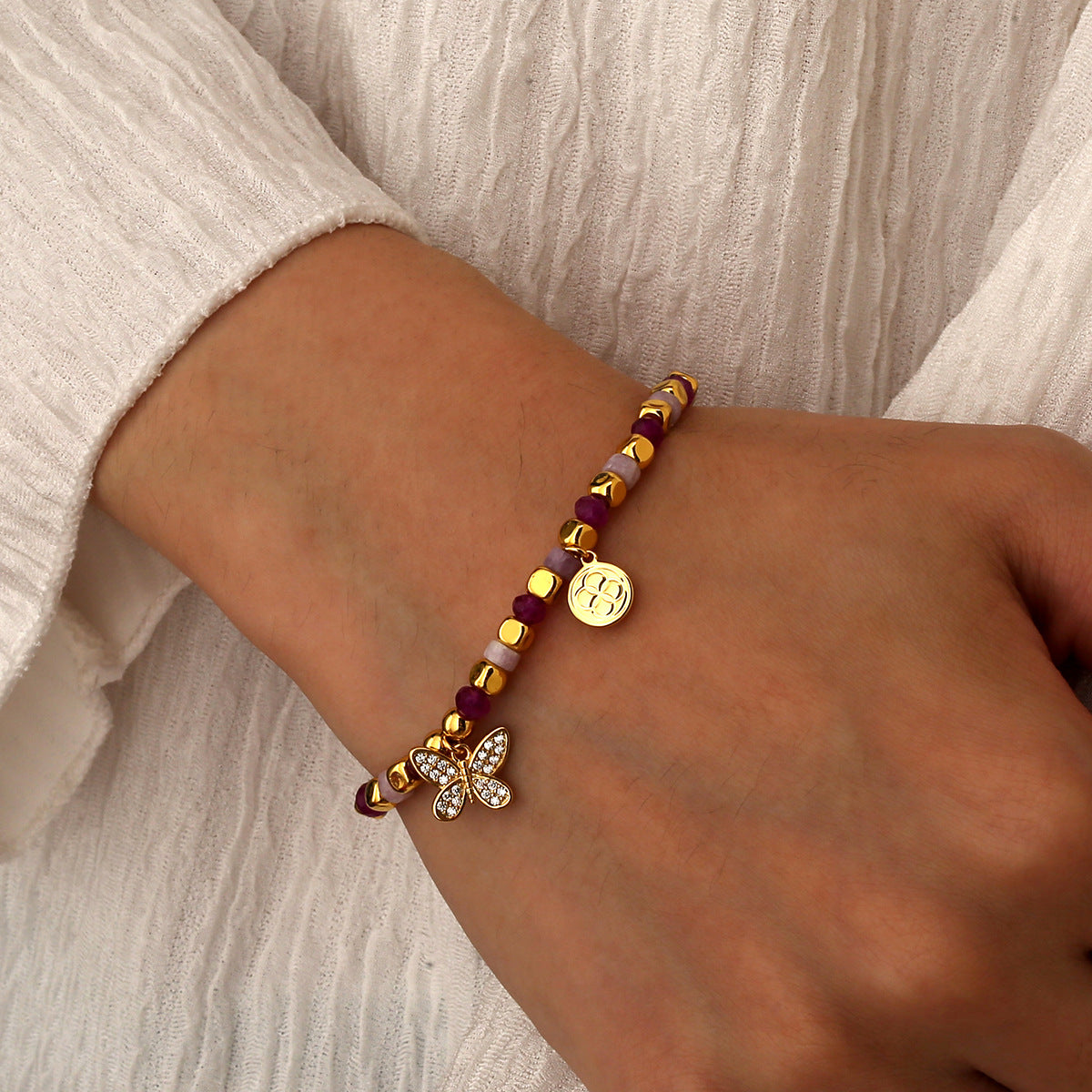 B0277 Bohemian Butterfly Inlaid Zircon Beaded Design Pink Quartz Chalcedony Bracelet