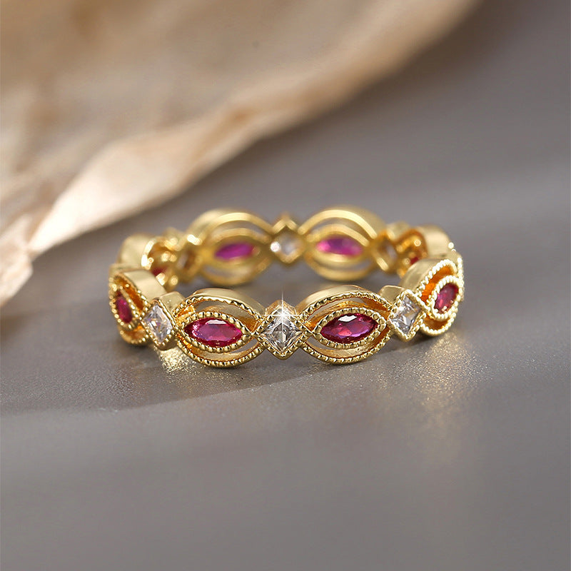 R0427 Fashion Heart Red Purple Two-tone Zircon Ring for Women Copper Gold-plated Ring