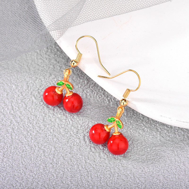 E0258 Korean Style Sweet Little Chanel Red Cherry Hook Earrings for Women Gold-Plated Fashion Simple Epoxy Long Earrings
