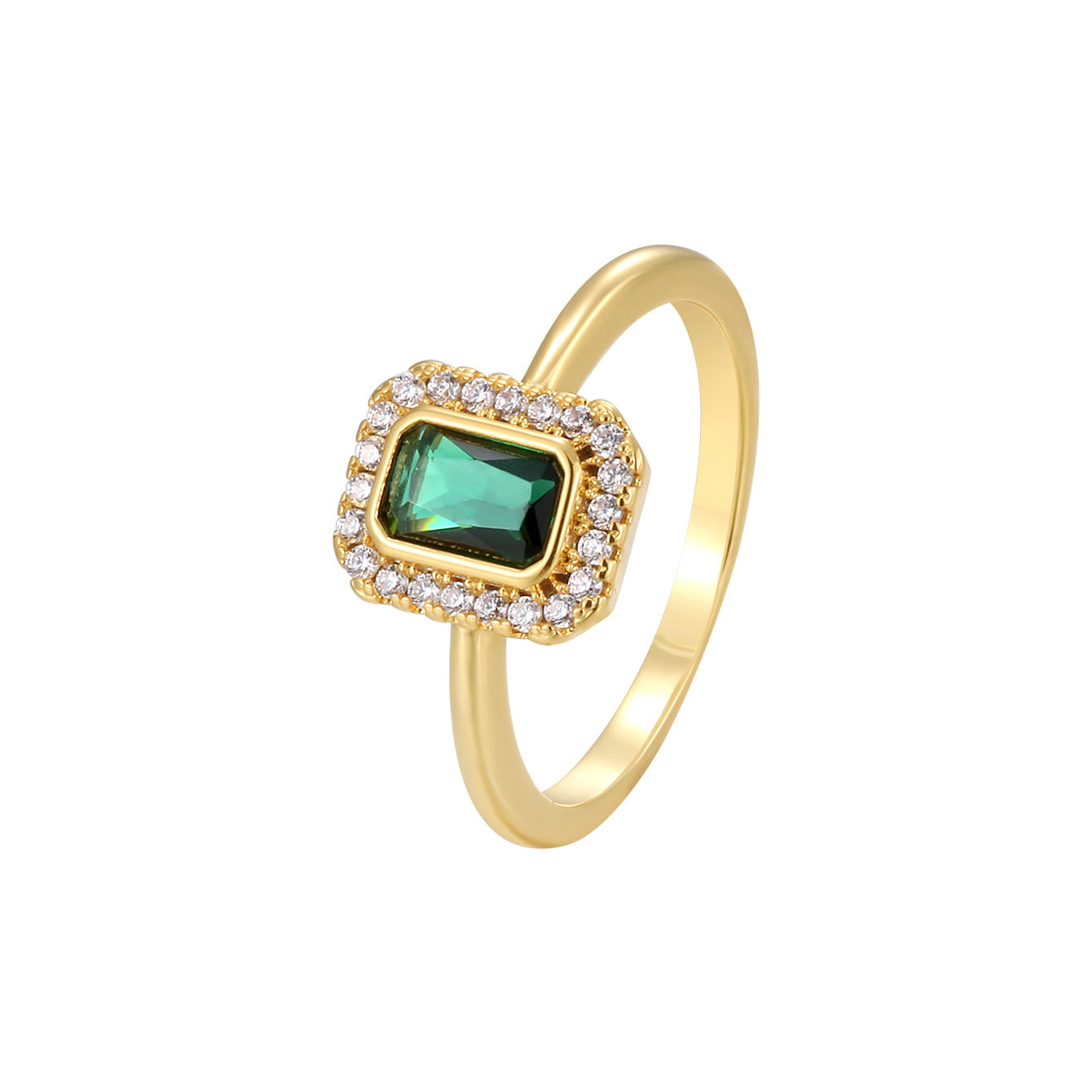 R0148 Exquisite Luxury Inlaid Green Zircon Ring for Women Brass Gold Plated Minimalist