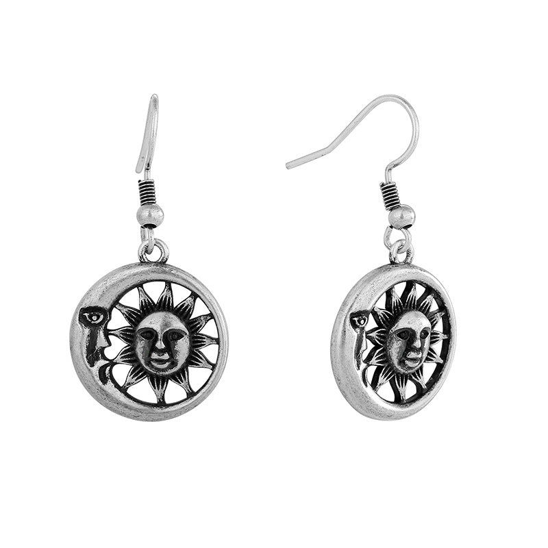 E0712 Design Sense Moon Sun Smiley Face Ear Hooks Ancient silver Cool Style Creative Earrings