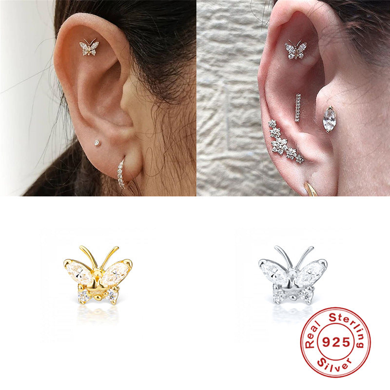 S925Sterling Silver Butterfly Inlaid Diamond Piercing Soft Bone Single Earring Trendy Fashion Ear Bone Stud Earrings