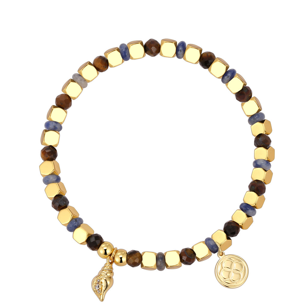 B0278 Bohemian Conch Inlaid Zircon Beaded Fashion Retro Tiger Eye Blue Vein Stone Bracelet