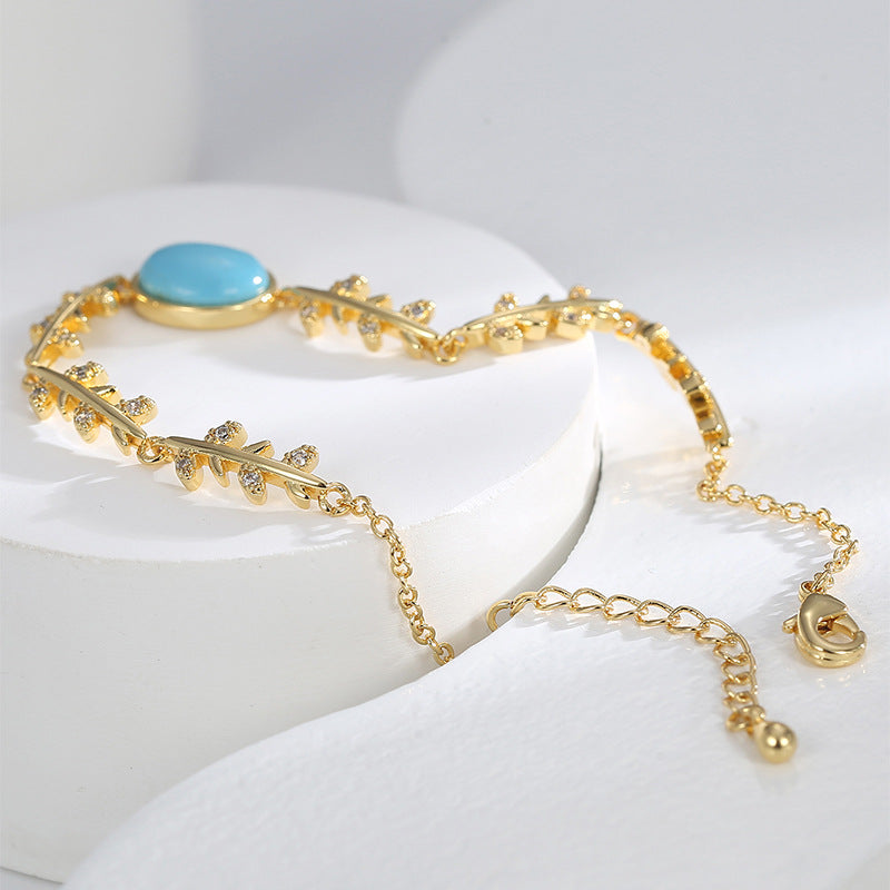 B0162  Korean Version of Mori Style Small Country Style casual and fashionable Oval Turquoise Bracelet for Women gold Branch Zircon
