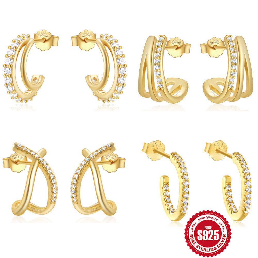 925Sterling Silver C Wave Shape Single Row Diamond Stud Earrings Hoop Earrings Hot Selling Classic Irregular Earrings