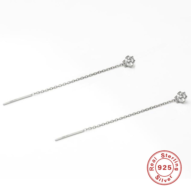 S925Pure Silver Long Minimalist Tassel Claw Setting Diamond Ear Thread Earrings Korean and Japanese Heart Earrings